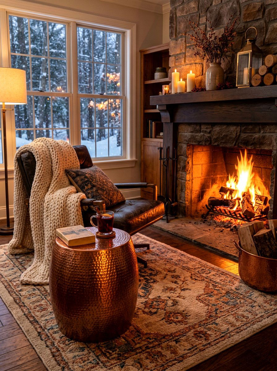 Cozy Fireplace Setting Copper Drink Table - 30 drink table ideas