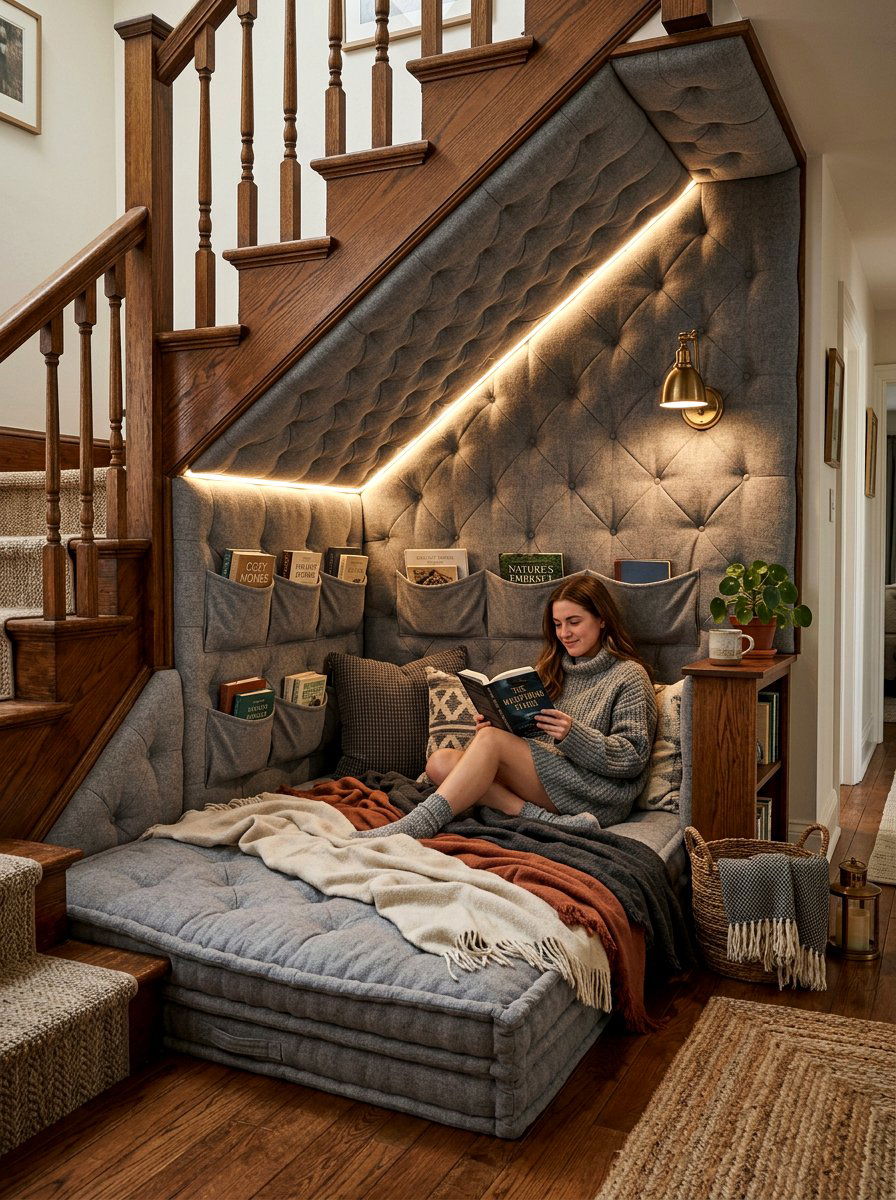 Cozy Padded Reading Nook - 30 under stairs reading nook ideas