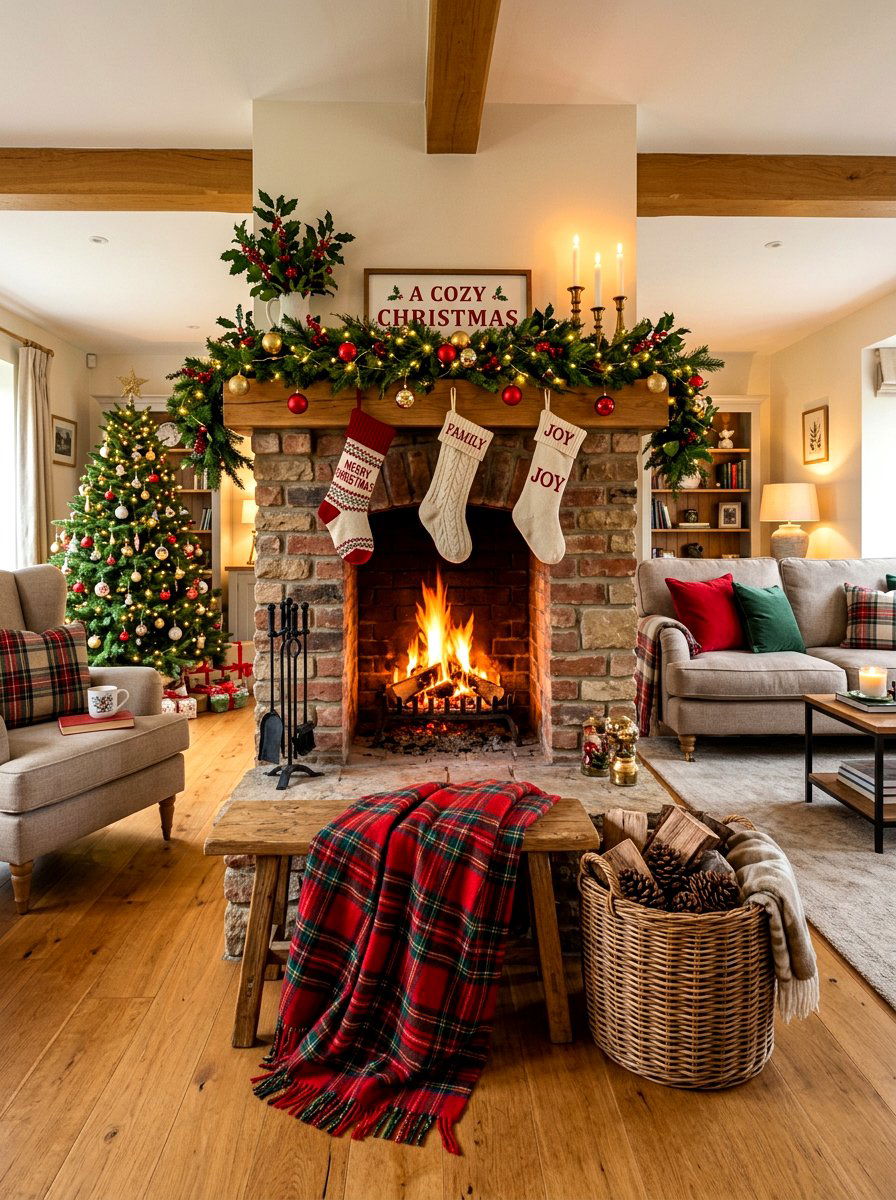 Cozy Plaid Blanket Hearth - 30 fall mantel styling ideas