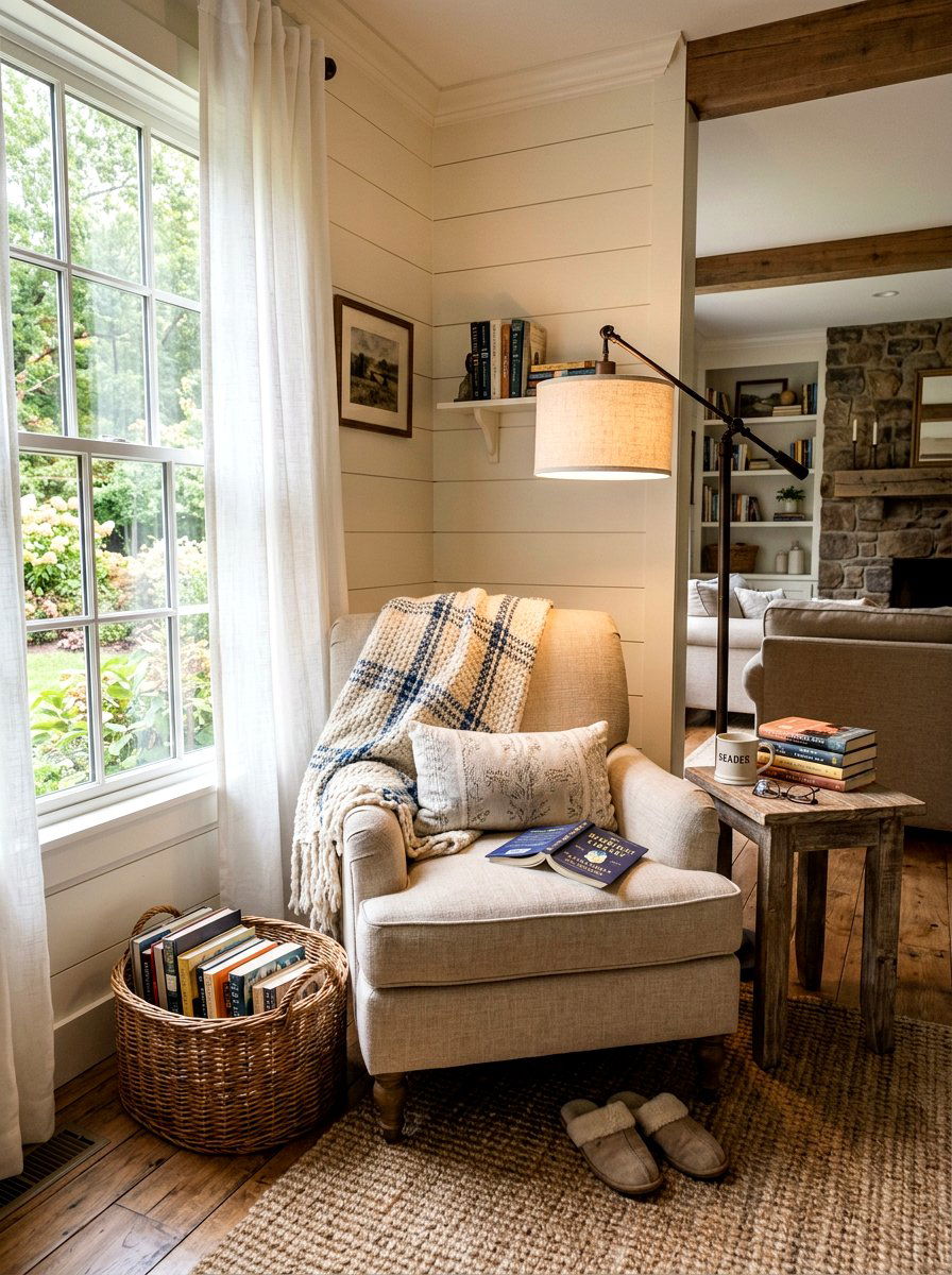 Cozy Reading Nook - 30 rustic farmhouse living room ideas