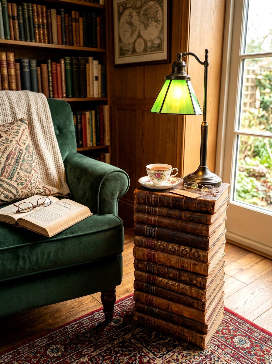 Cozy Reading Nook Side Table With Antique Books - 30 vintage book decor ideas