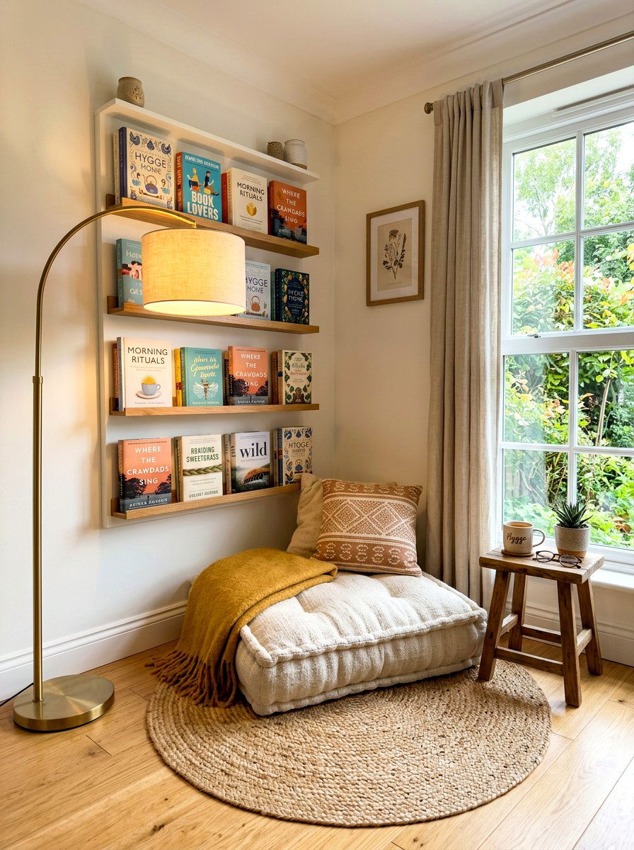 Cozy Reading Nook With Front Facing Books - 30 Montessori playroom ideas