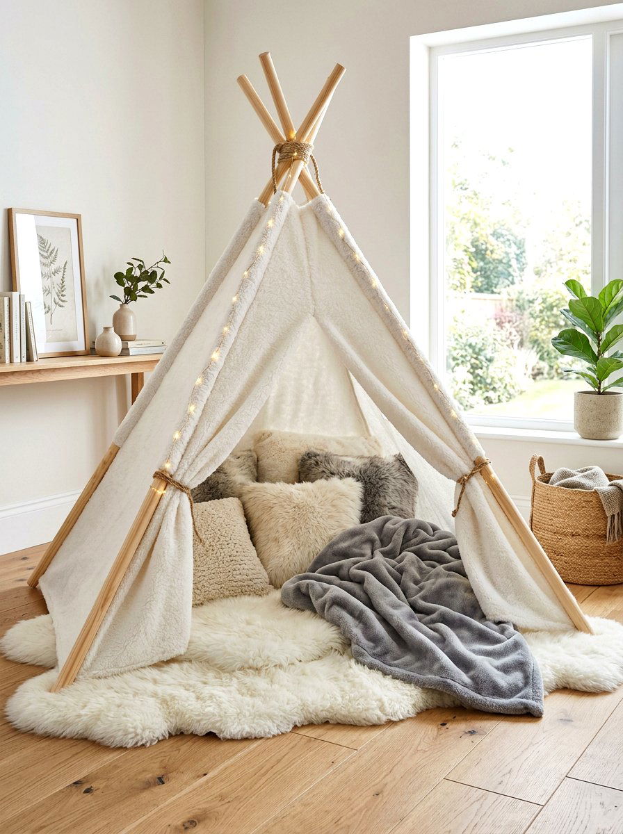 Cozy Sheepskin Rug Teepee - 30 kids tent reading nook ideas