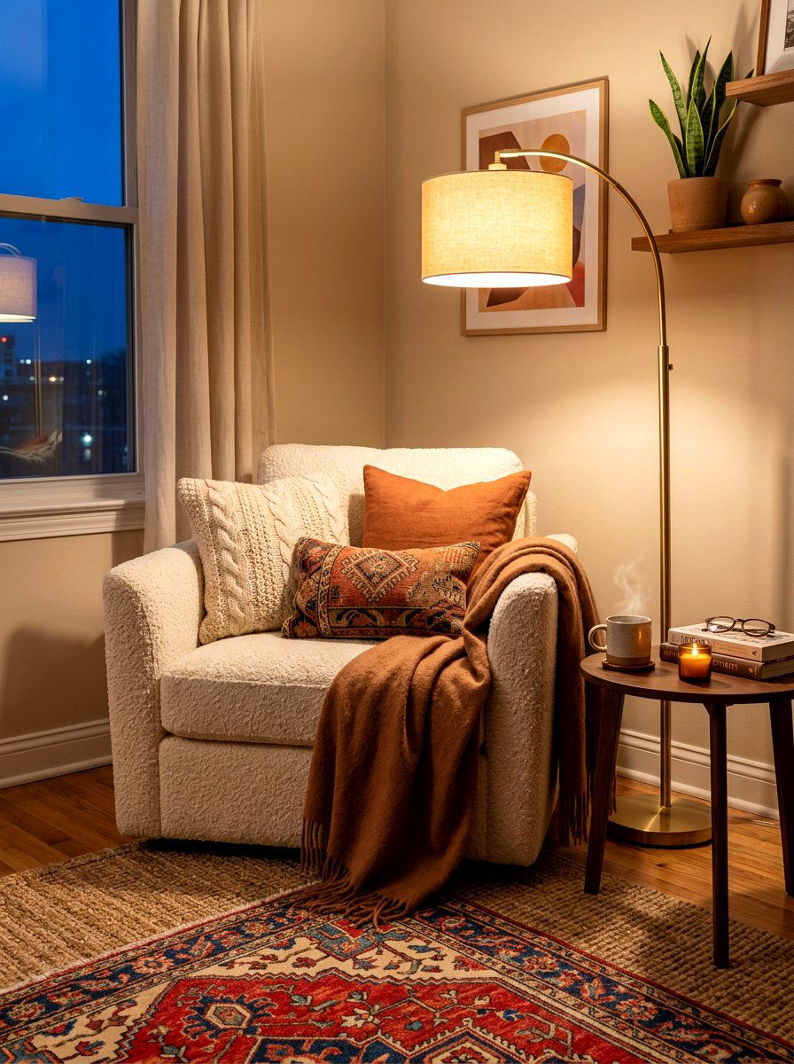 Cozy corner boucle chair aesthetic - 30 boucle chair corner ideas