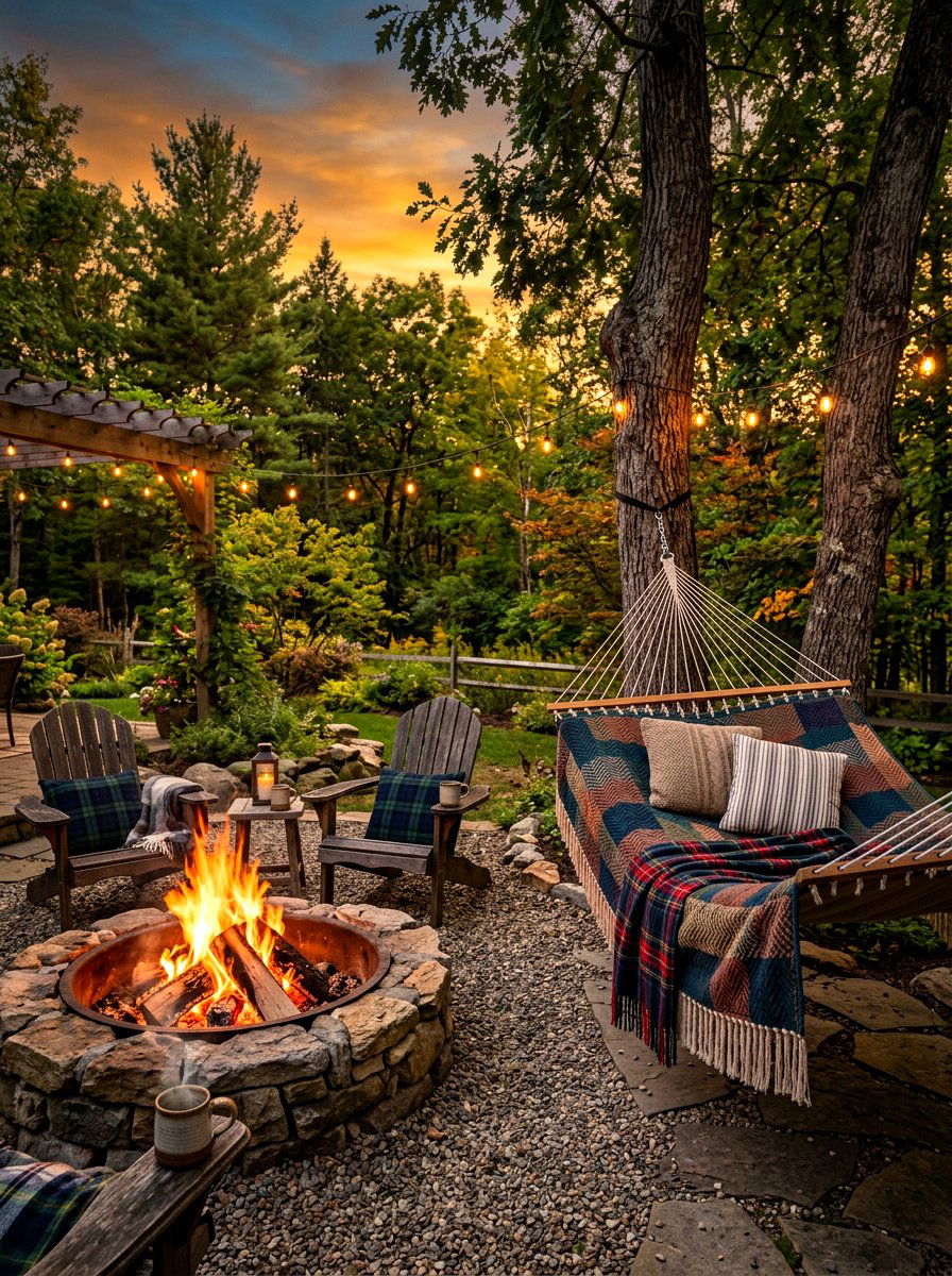 Cozy fire pit hammock - 30 hammock garden corner ideas