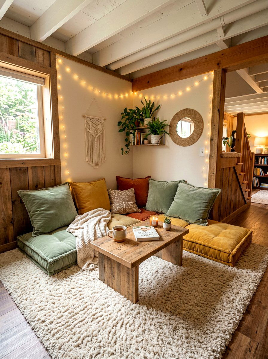 Cozy floor pillow nook - 30 basement reading nook ideas