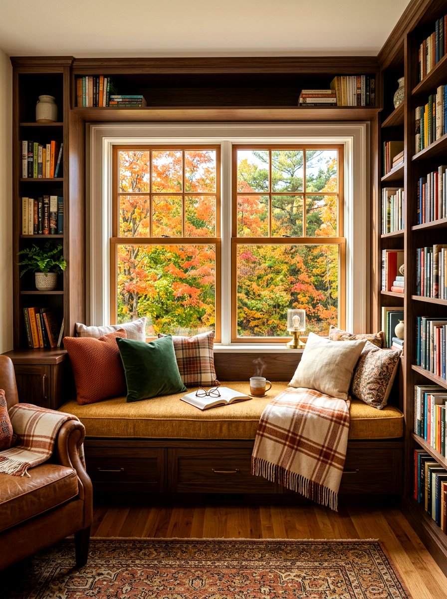 Cozy library window bench - 30 cozy library fall ideas