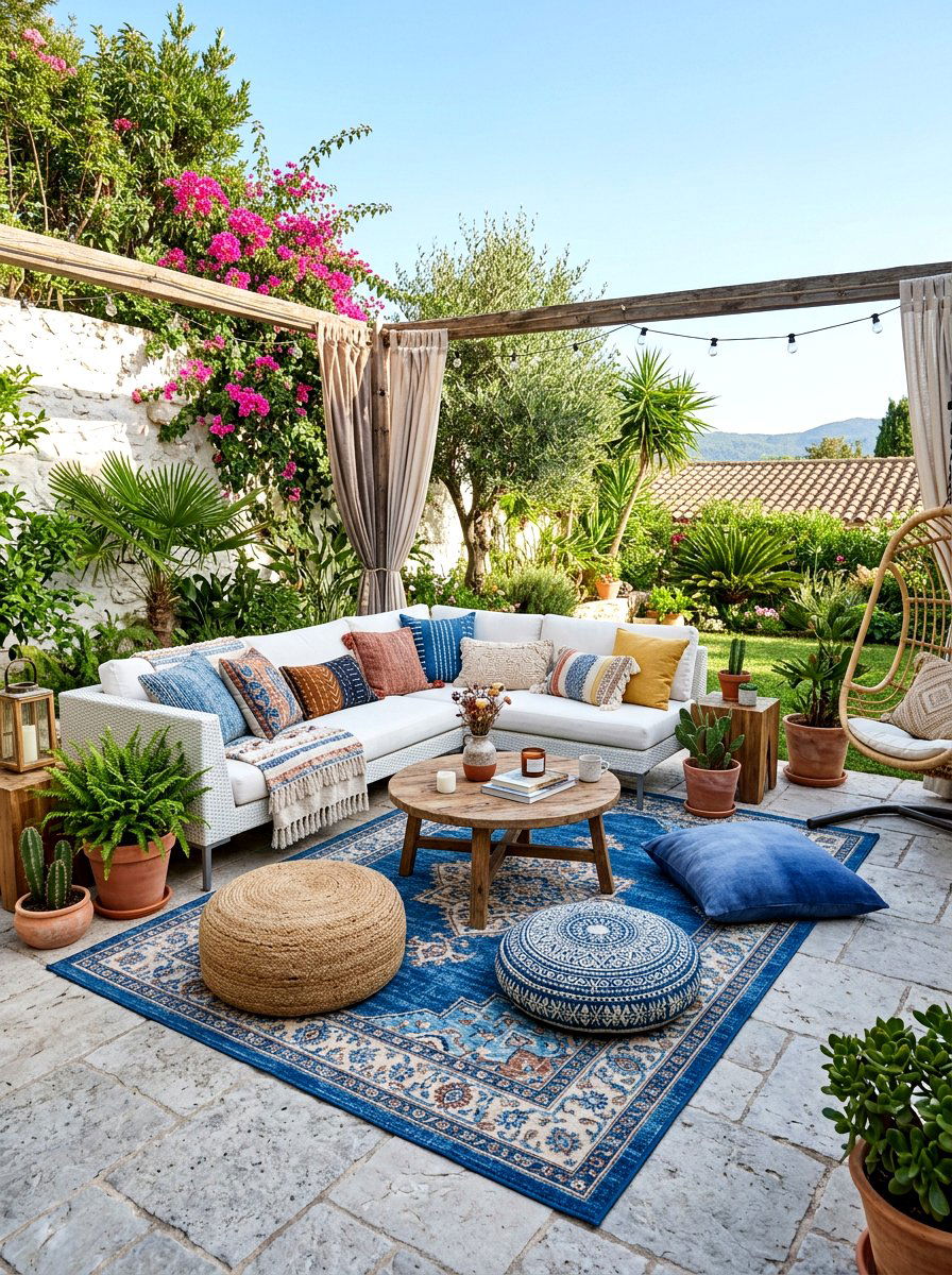 Cozy outdoor rug lounge - 30 small courtyard seating ideas
