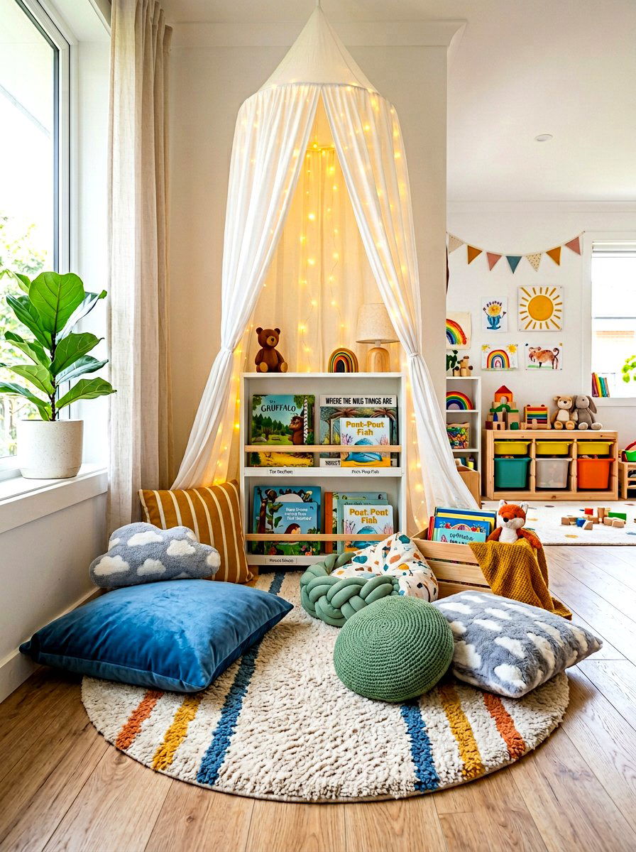 Cozy reading nook for kids - 30 sensory playroom ideas