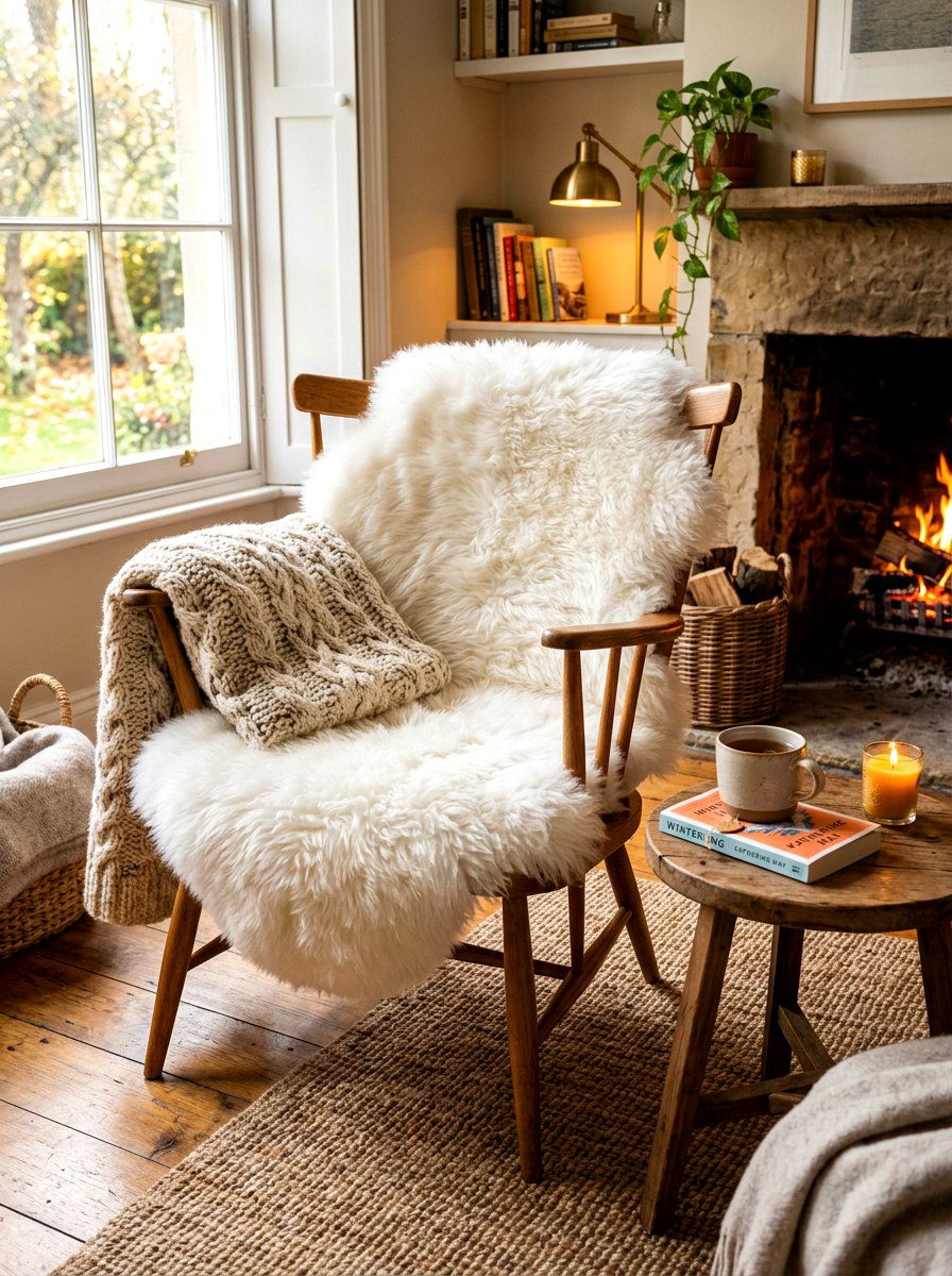 Cozy sheepskin rug chair - 30 bedroom reading corner ideas