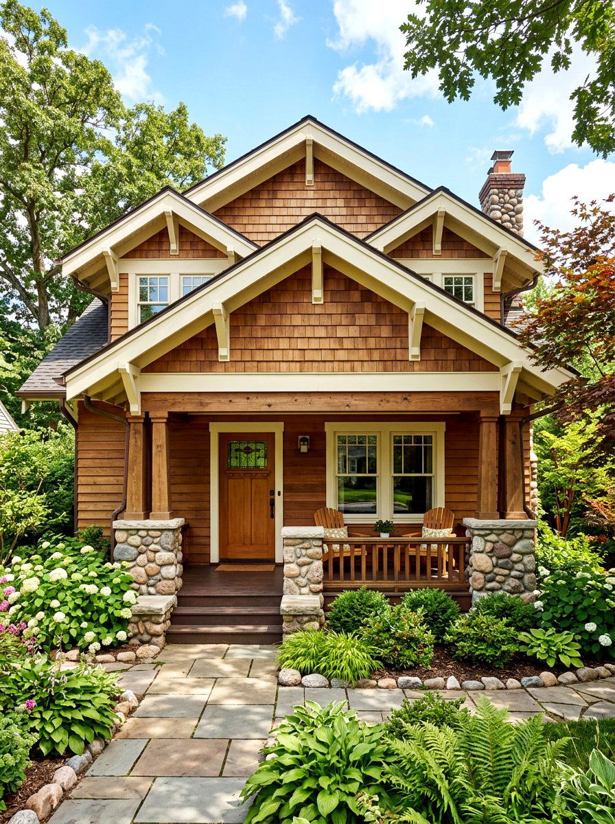 Craftsman House With Shake Siding And River Rock - 30 stone and wood exterior ideas