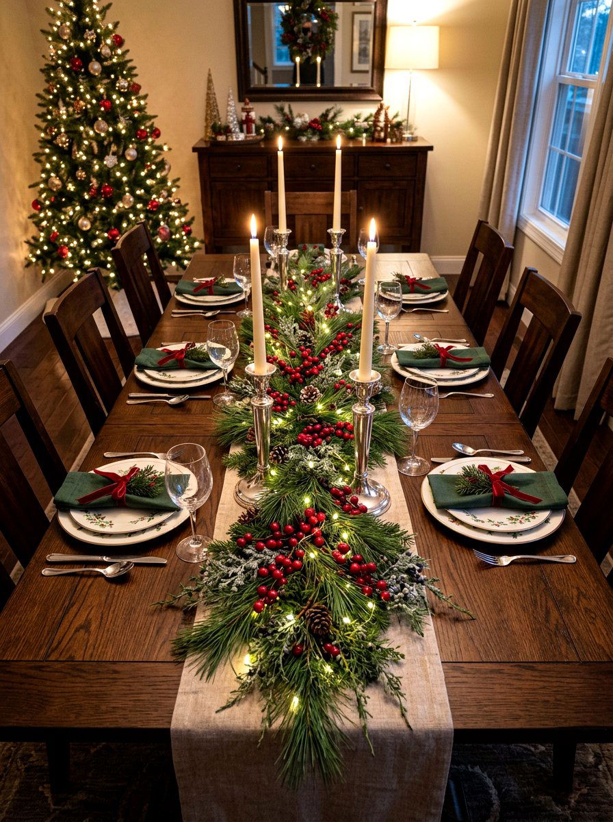 Cranberry and white pine display - 30 fruit and floral tablescape ideas