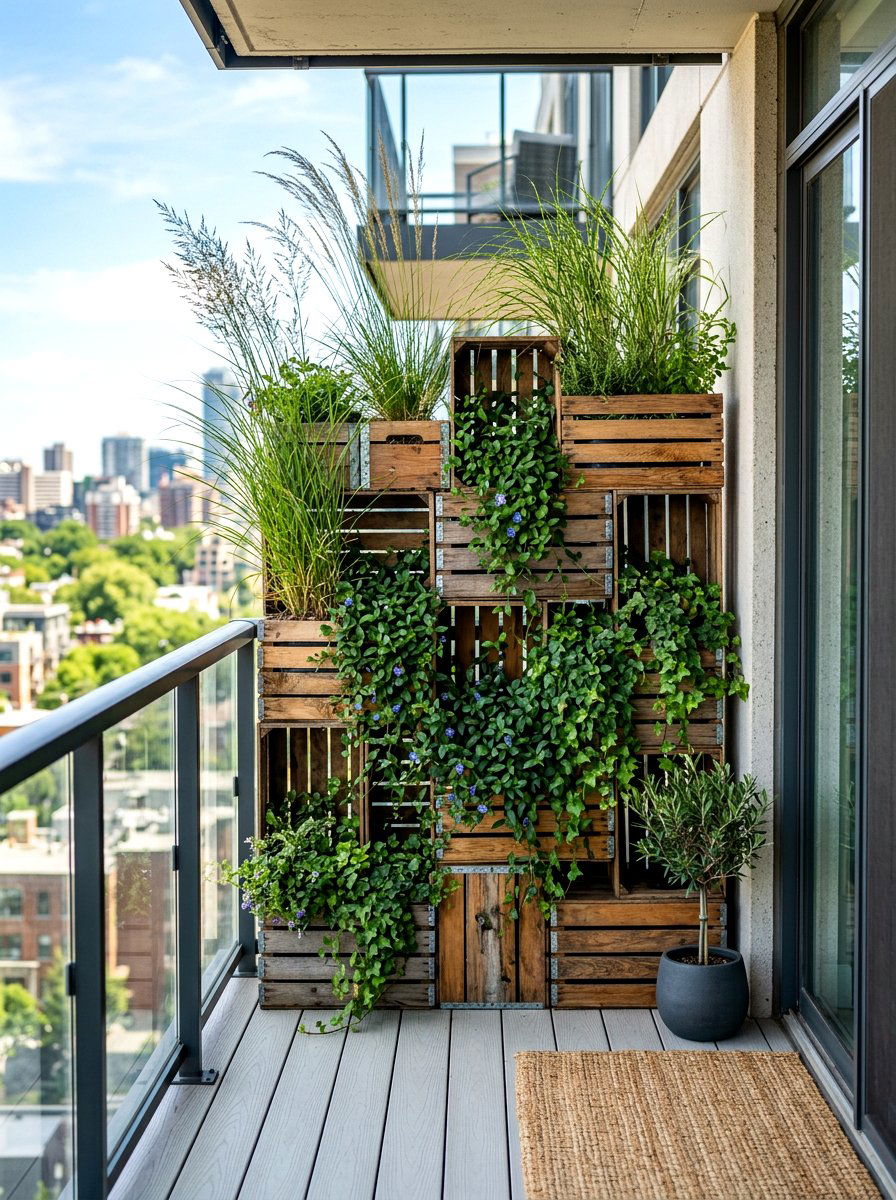 Crate Privacy Screen - 30 garden crate storage ideas