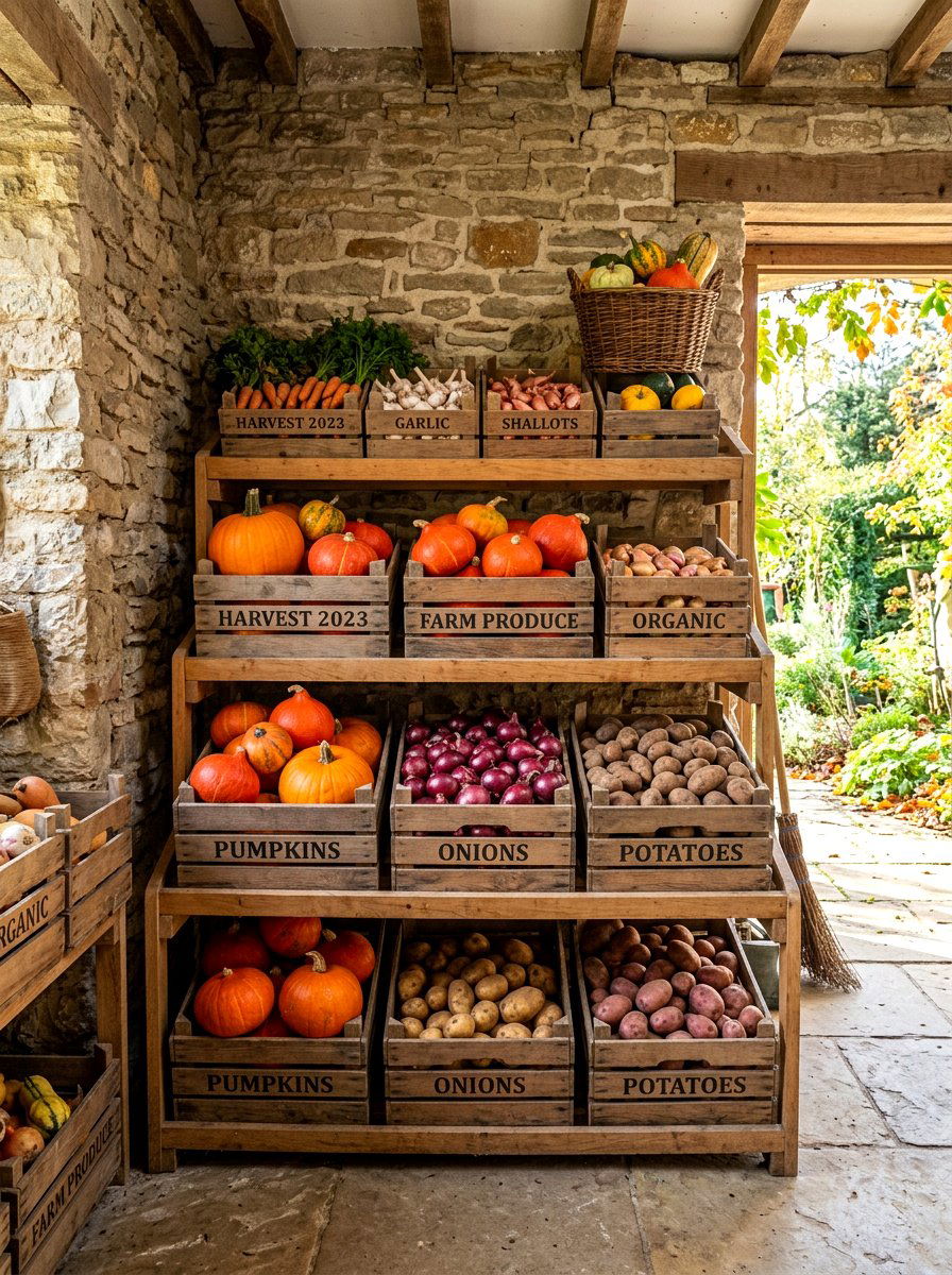 Crate Vegetable Harvest Storage - 30 garden crate storage ideas