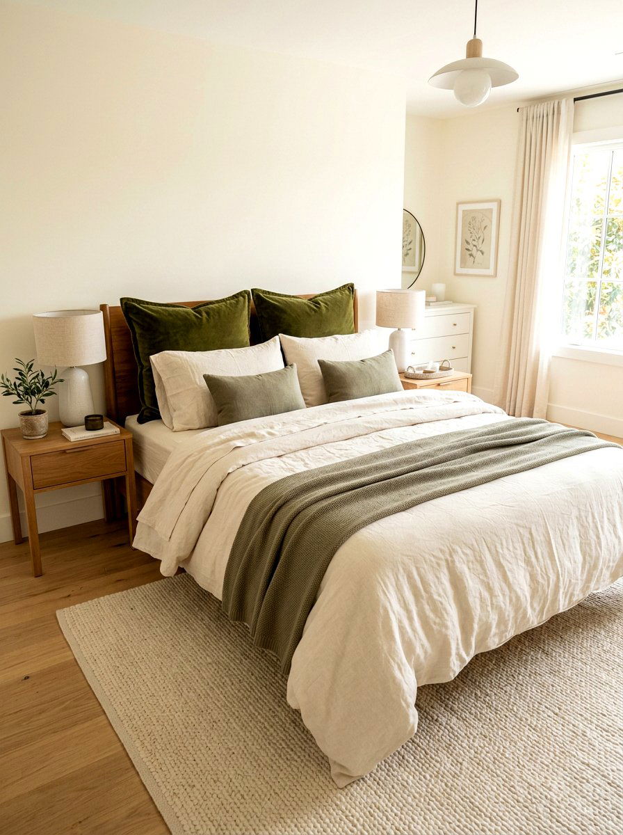 Cream Bedding With Olive Pillows - 30 olive and cream bedroom ideas