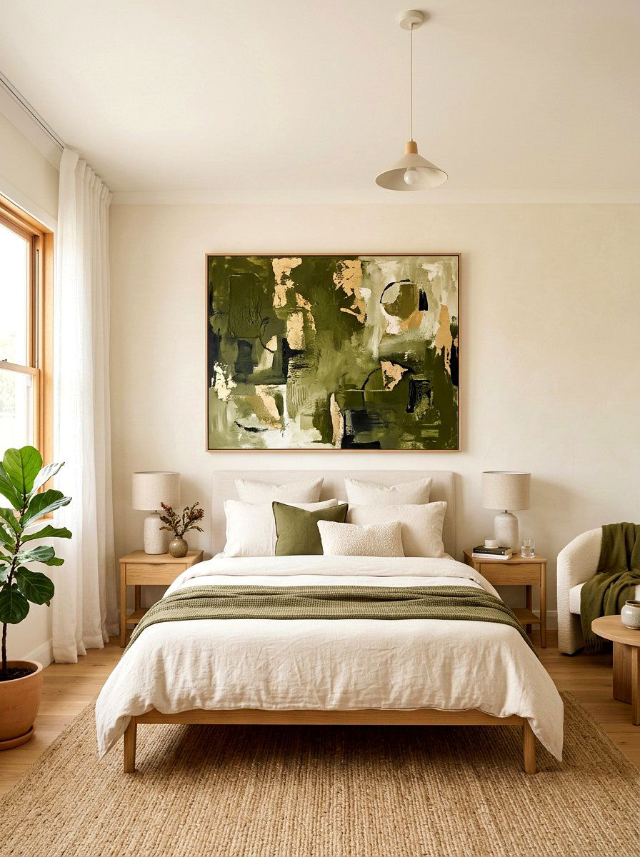 Cream Bedroom With Olive Green Art - 30 olive and cream bedroom ideas