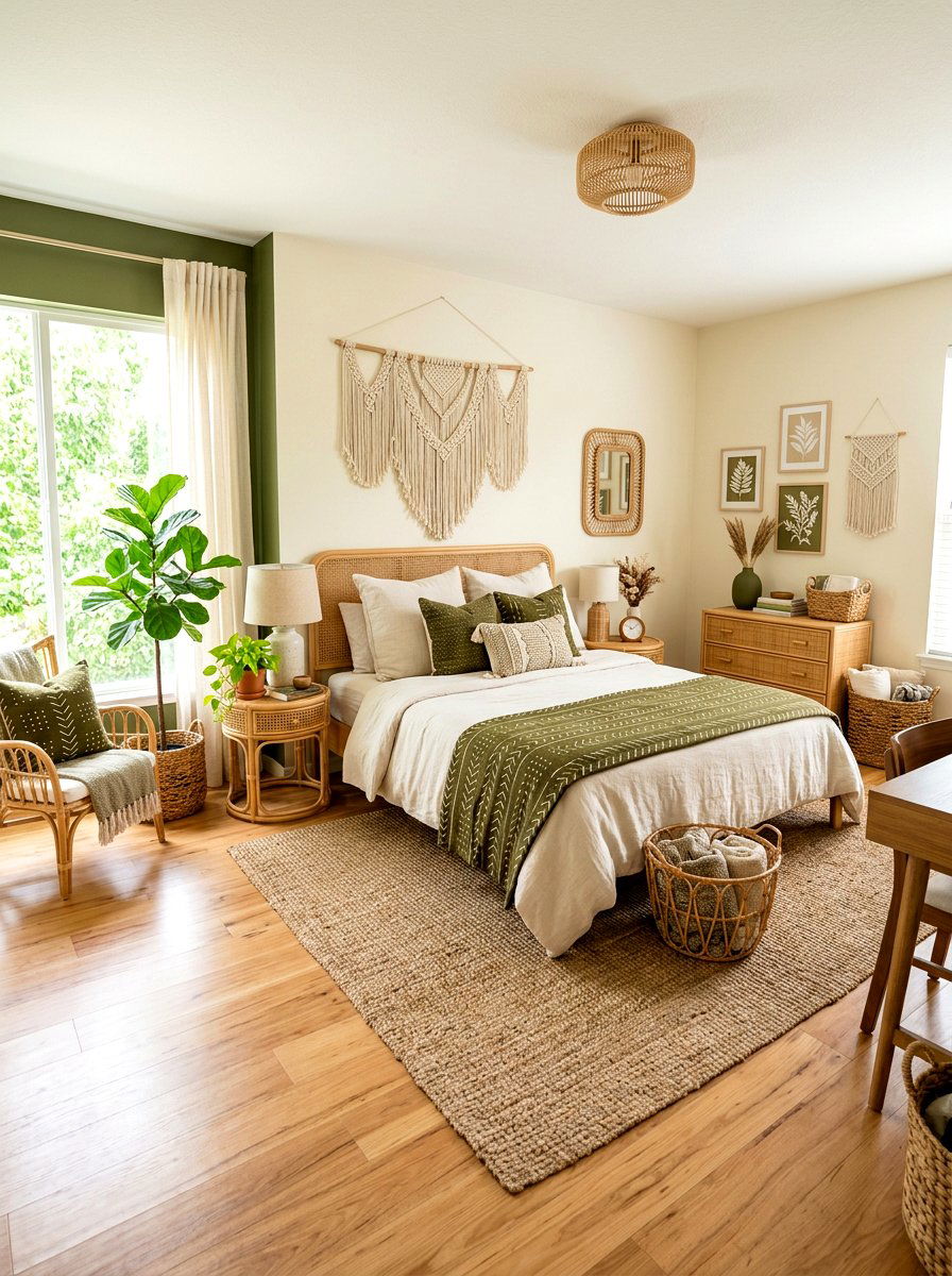 Cream Boho Bedroom With Olive Accents - 30 olive and cream bedroom ideas