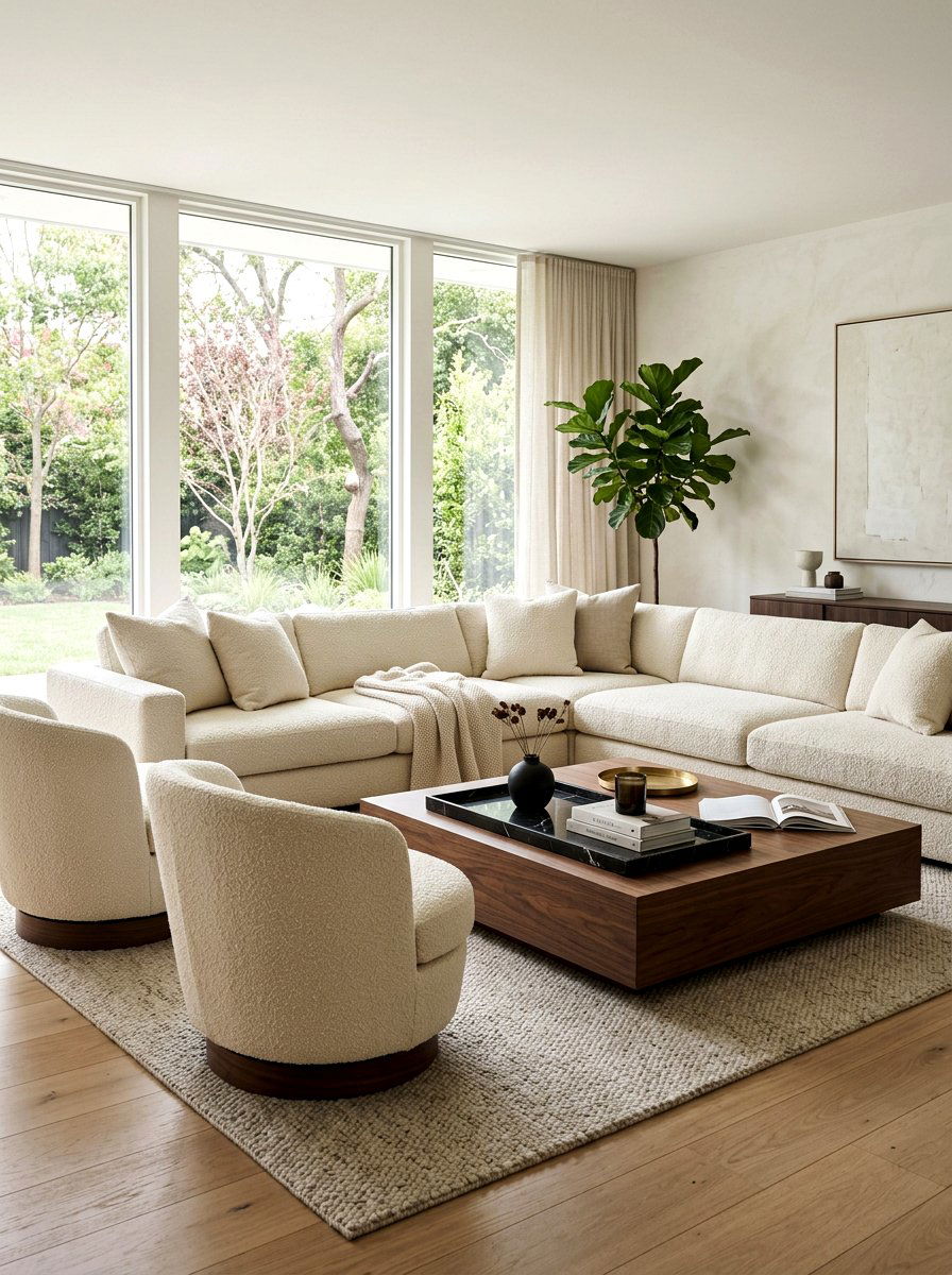 Cream Boucle Seating with Black Details - 30 black and cream living room ideas