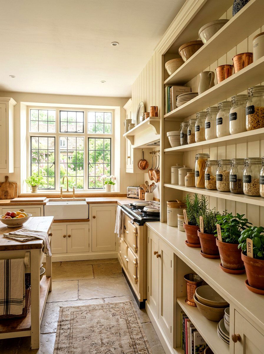 Cream Country Shelves - 30 English country kitchen shelf ideas