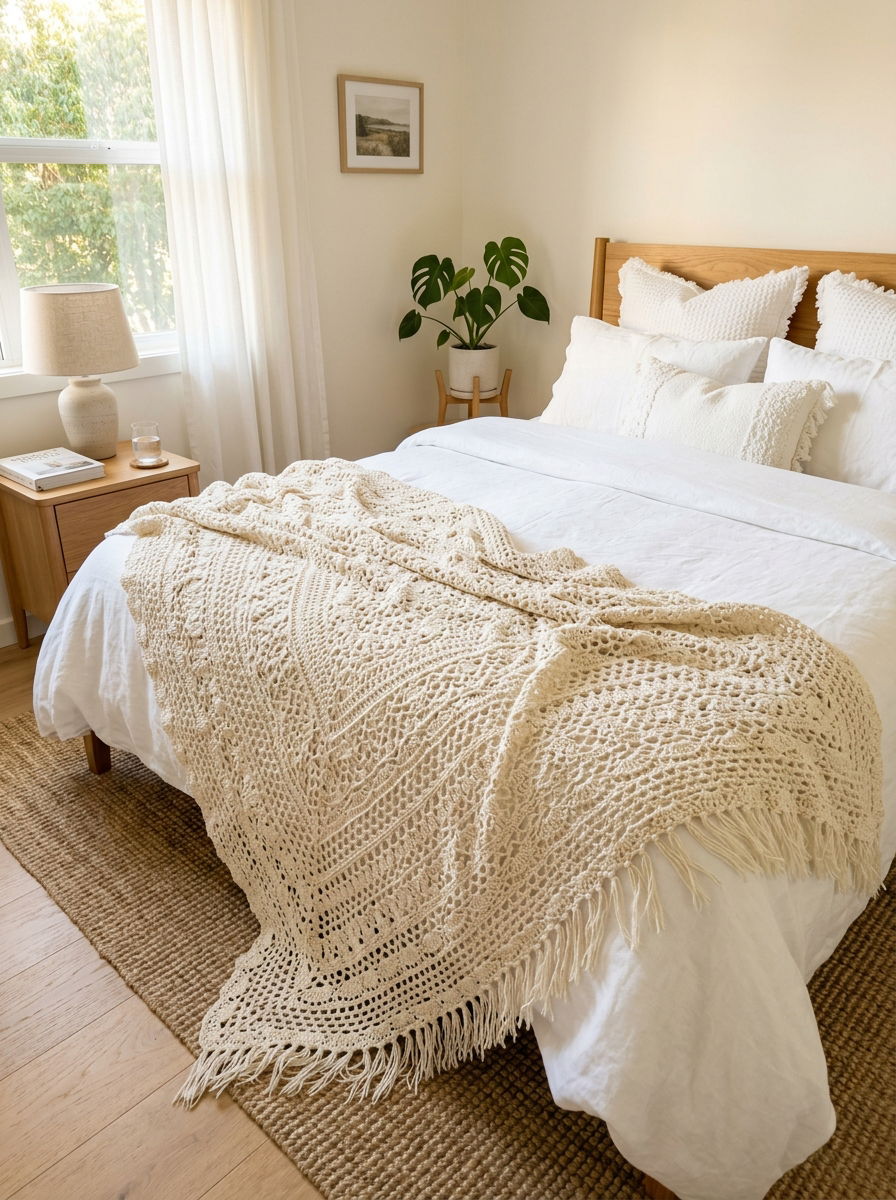Cream Crochet Blanket - 30 soft vintage bedroom ideas