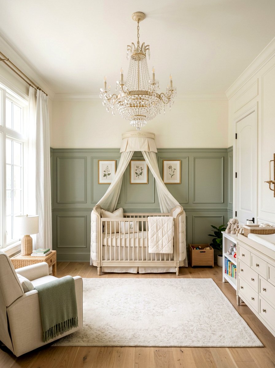 Cream Crystal Chandelier - 30 sage and cream nursery ideas