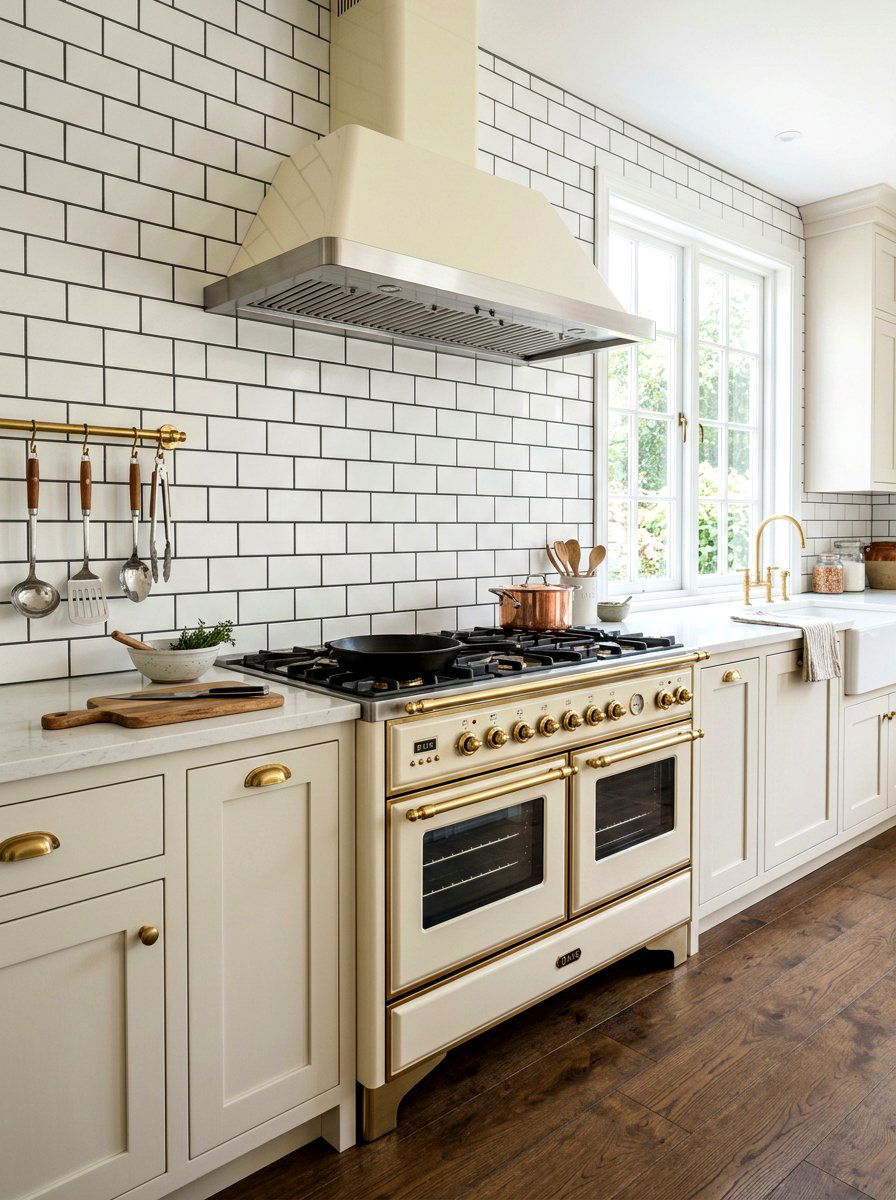 Cream Gas Range Subway Tile - 30 cream appliance kitchen ideas