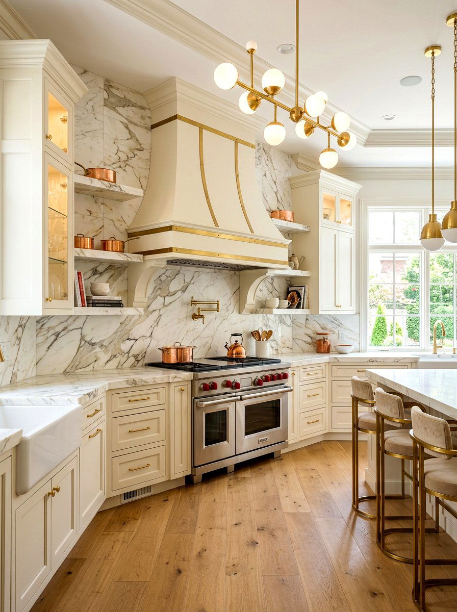 Cream Hood Vent Marble Backsplash - 30 cream appliance kitchen ideas