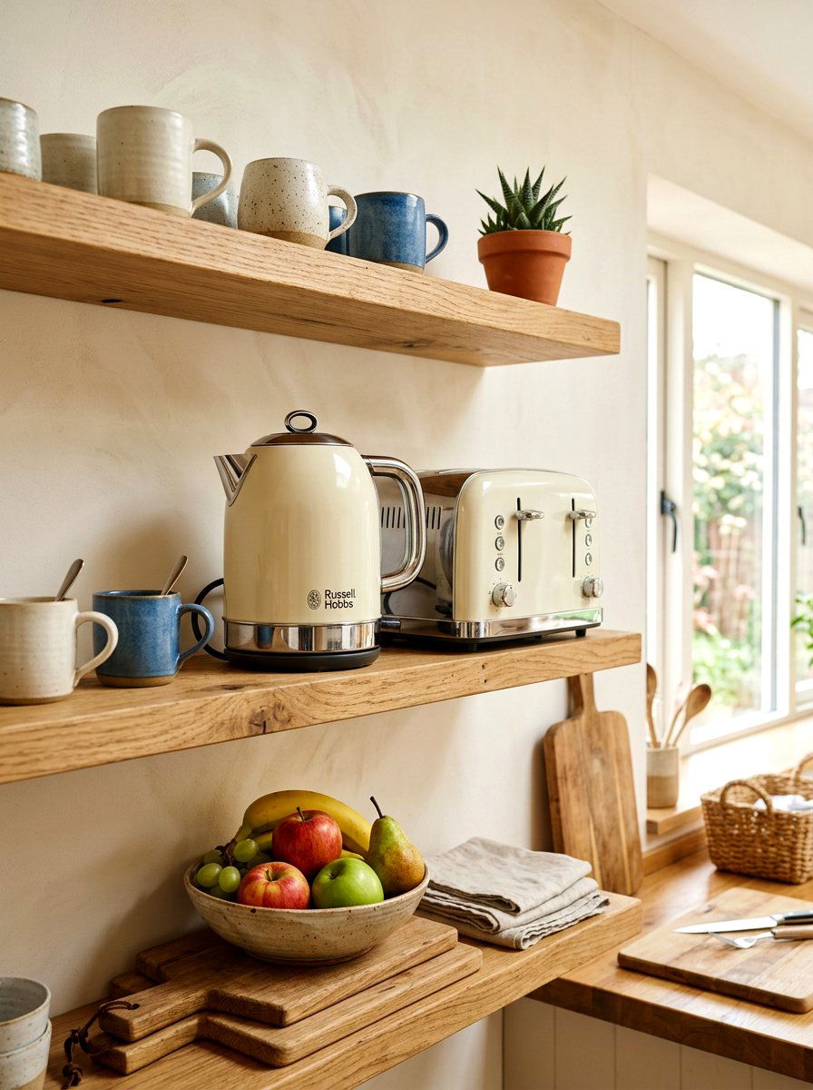 Cream Kettle Toaster Oak Shelves - 30 cream appliance kitchen ideas