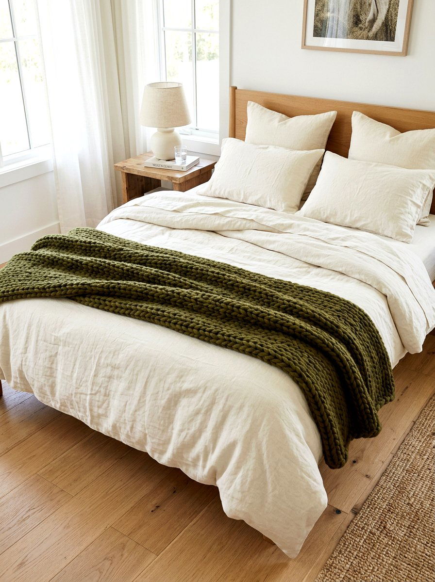 Cream Linen Bedding With Olive Throw - 30 olive and cream bedroom ideas