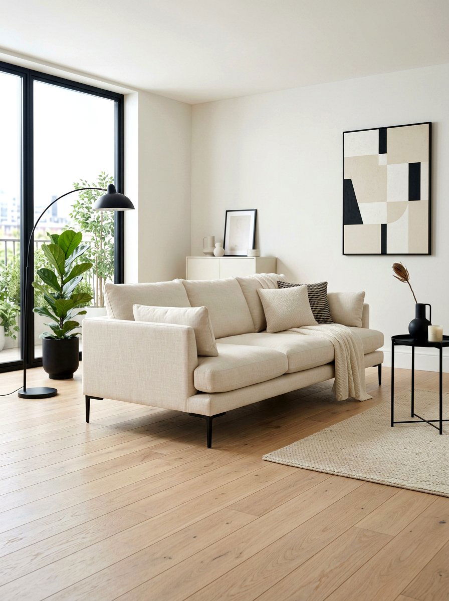 Cream Linen Sofa with Black Legs - 30 black and cream living room ideas