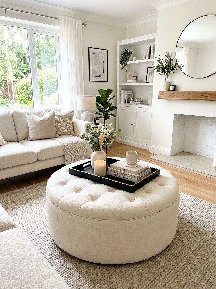 Cream Ottoman with Black Tray Decor - 30 black and cream living room ideas