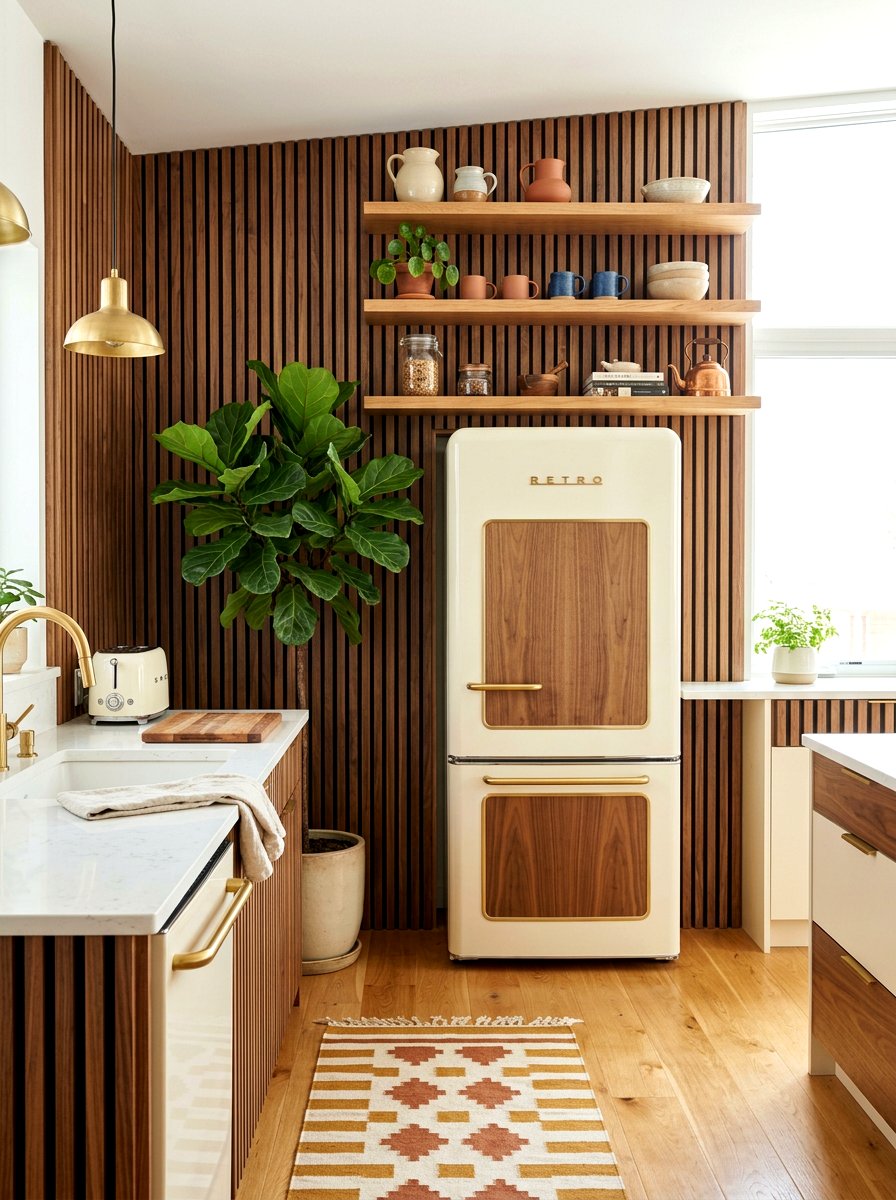 Cream Refrigerator Wood Paneling - 30 cream appliance kitchen ideas