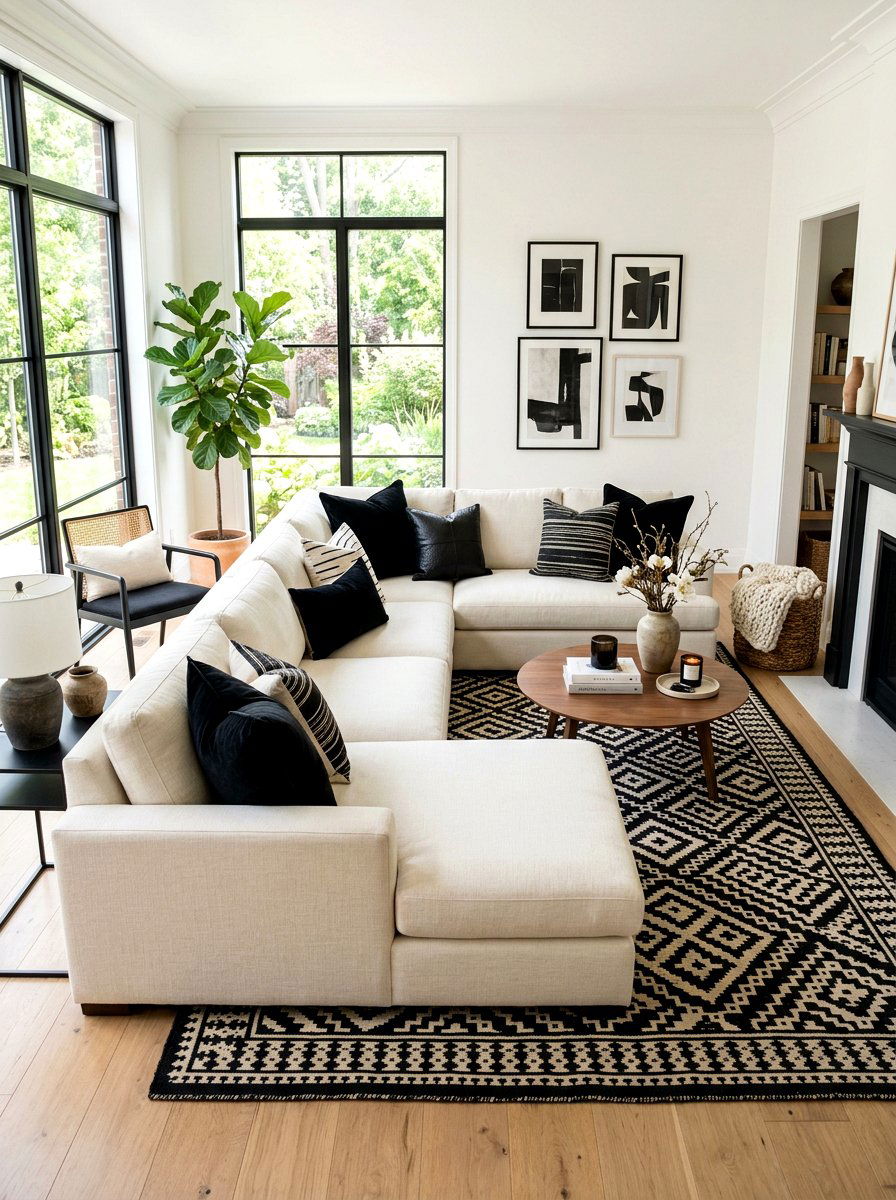 Cream Sectional with Black Pillows - 30 black and cream living room ideas