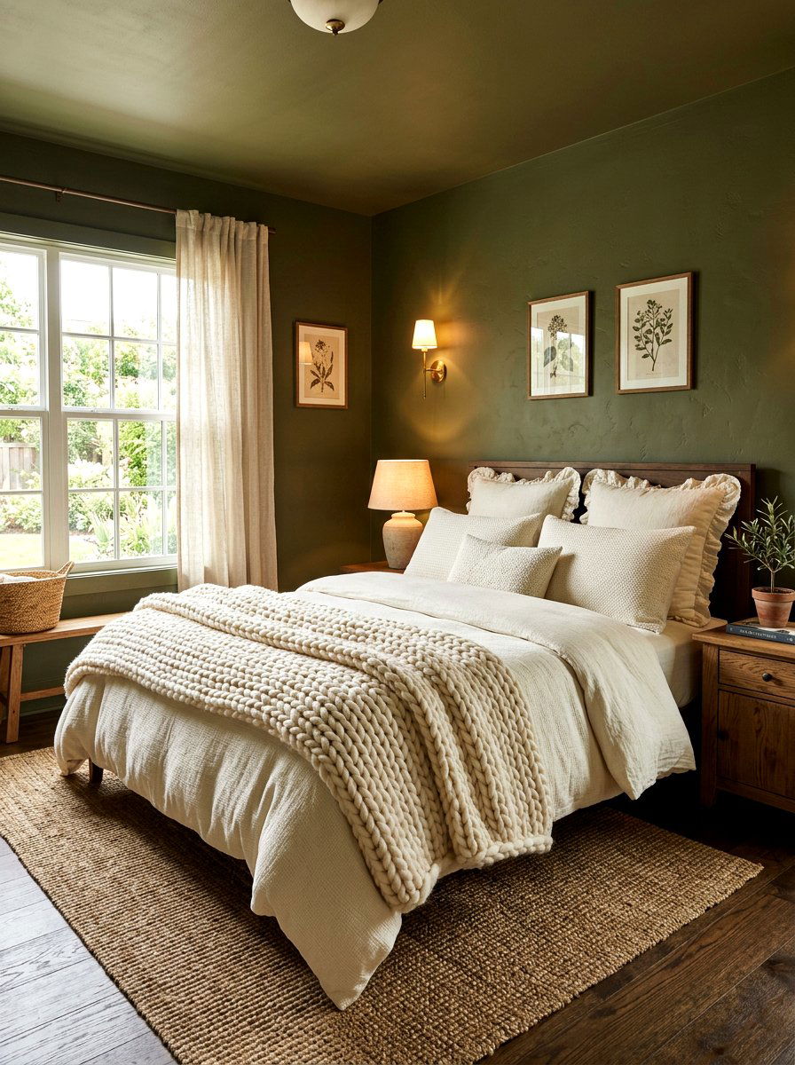 Cream Textured Bedding In Olive Room - 30 olive and cream bedroom ideas