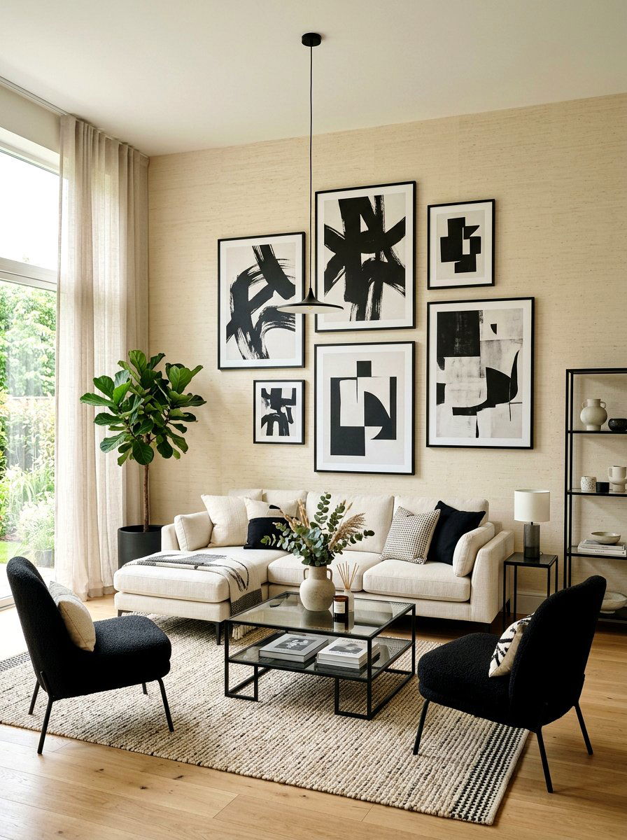 Cream Textured Wallpaper with Black Art - 30 black and cream living room ideas