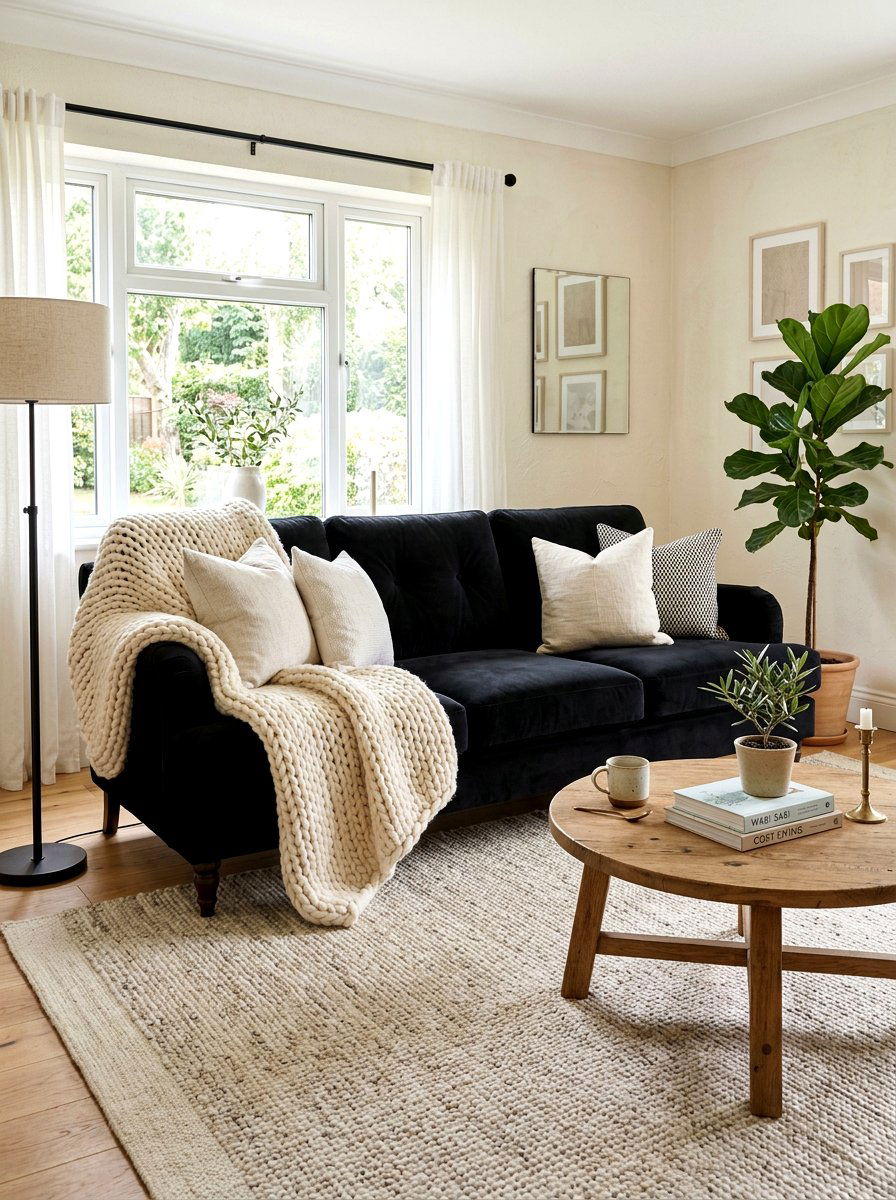 Cream Throw Blanket on Black Sofa - 30 black and cream living room ideas