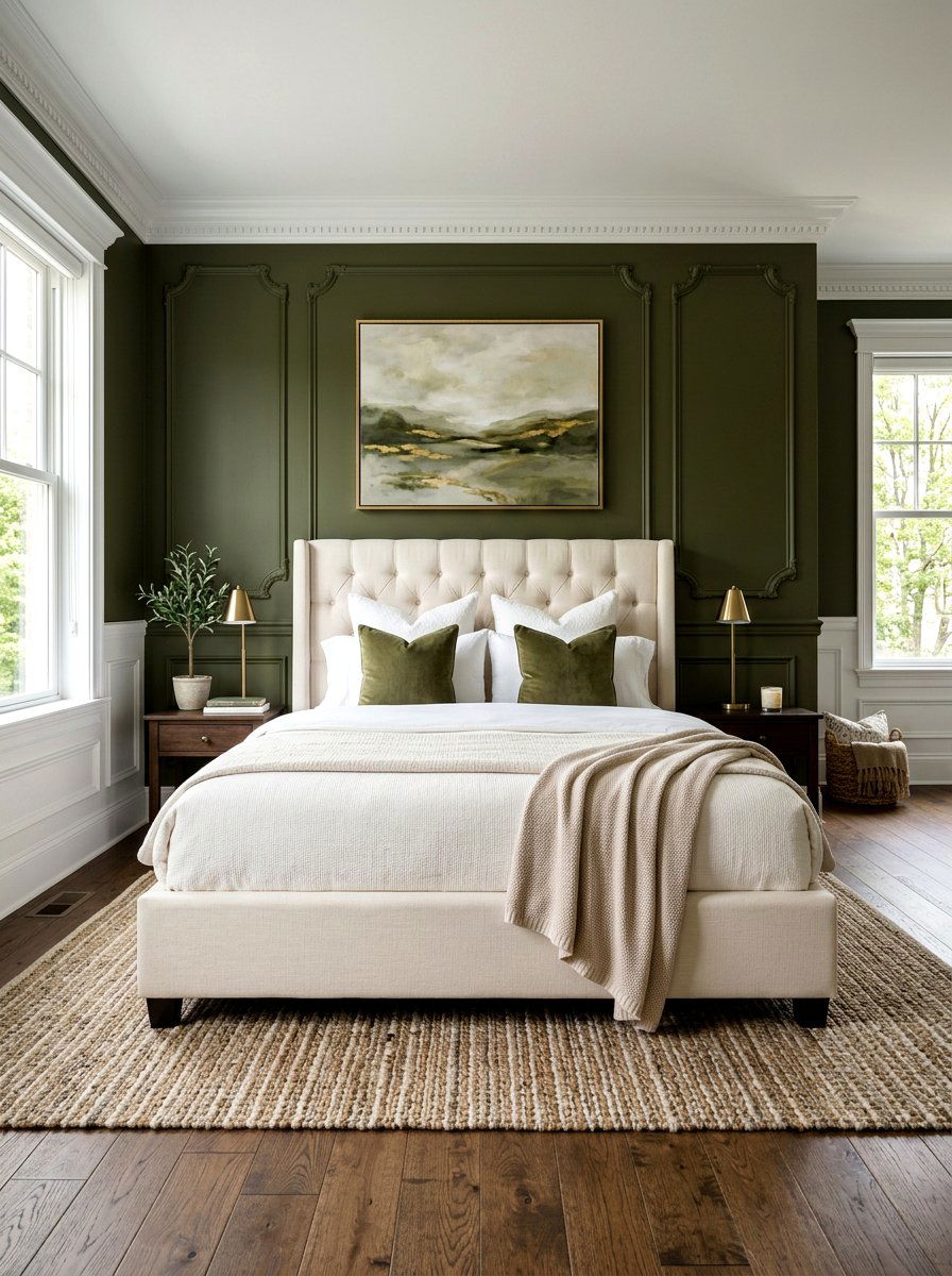 Cream Upholstered Bed With Olive Walls - 30 olive and cream bedroom ideas