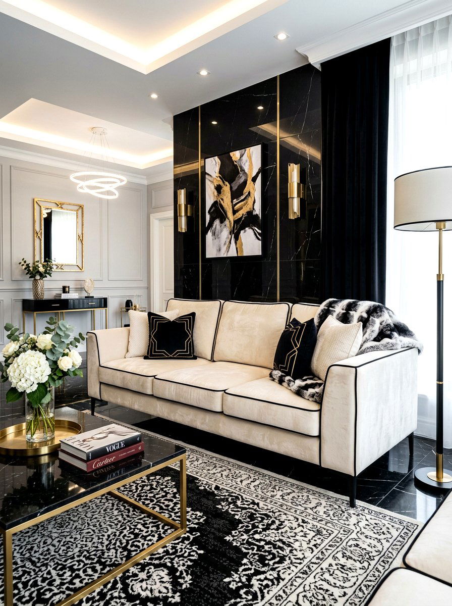 Cream Velvet Sofa with Black Piping - 30 black and cream living room ideas