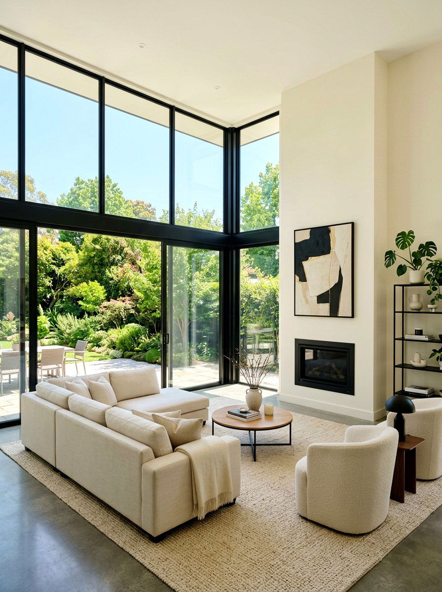 Cream Walls with Black Window Frames - 30 black and cream living room ideas