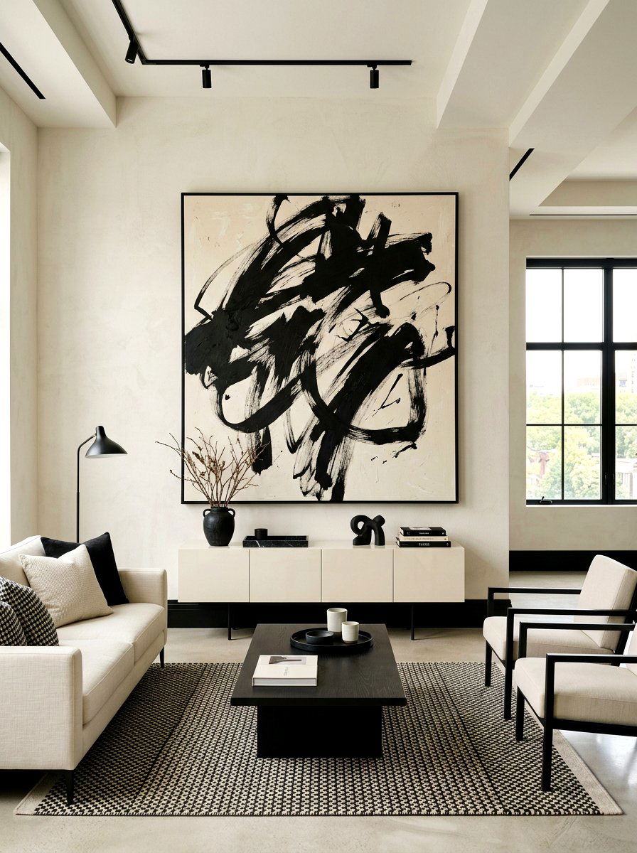 Cream and Black Abstract Art Living Room - 30 black and cream living room ideas