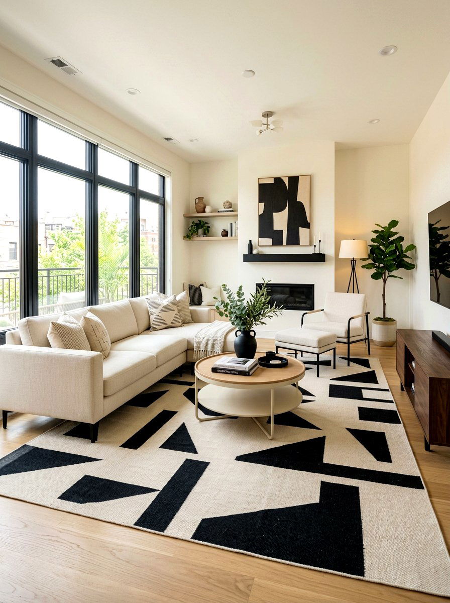 Cream and Black Geometric Pattern Decor - 30 black and cream living room ideas