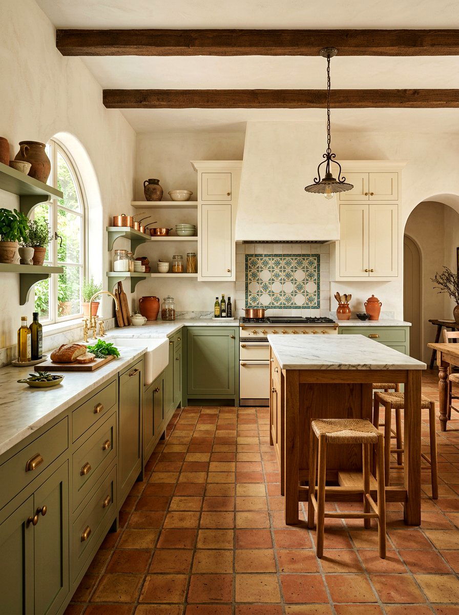 Cream and sage kitchen with terracotta flooring - 30 cream and sage kitchen ideas