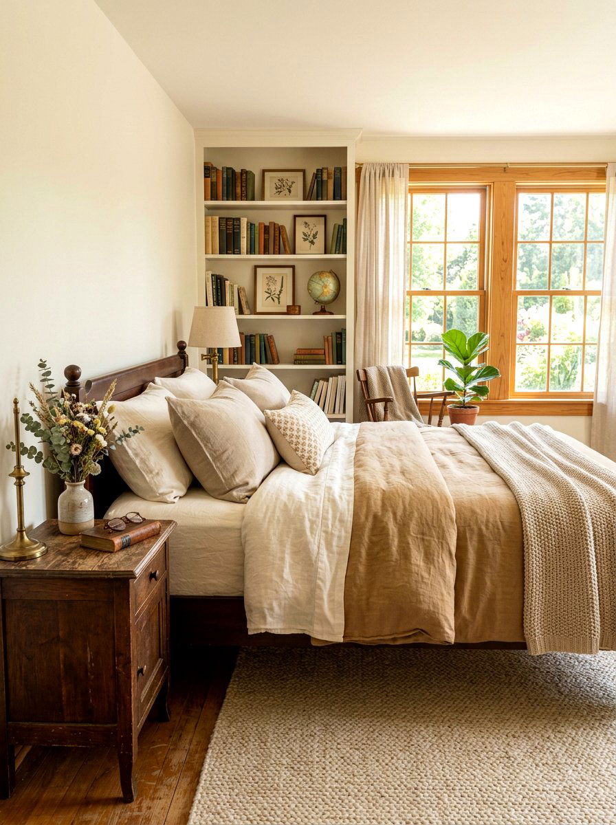 Cream linen bedding - 30 light academia bedroom ideas