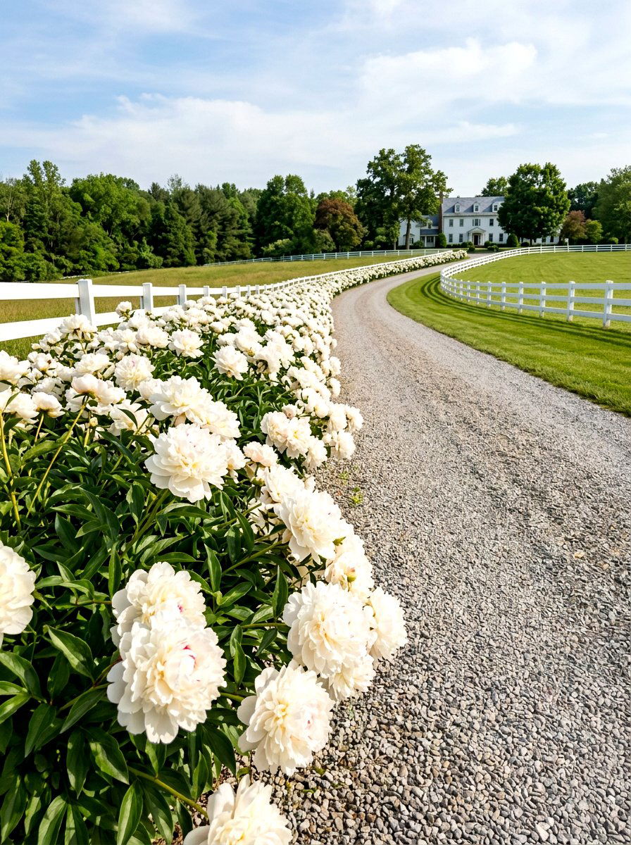 Creamy White Peony Row - 30 pastel flower bed ideas