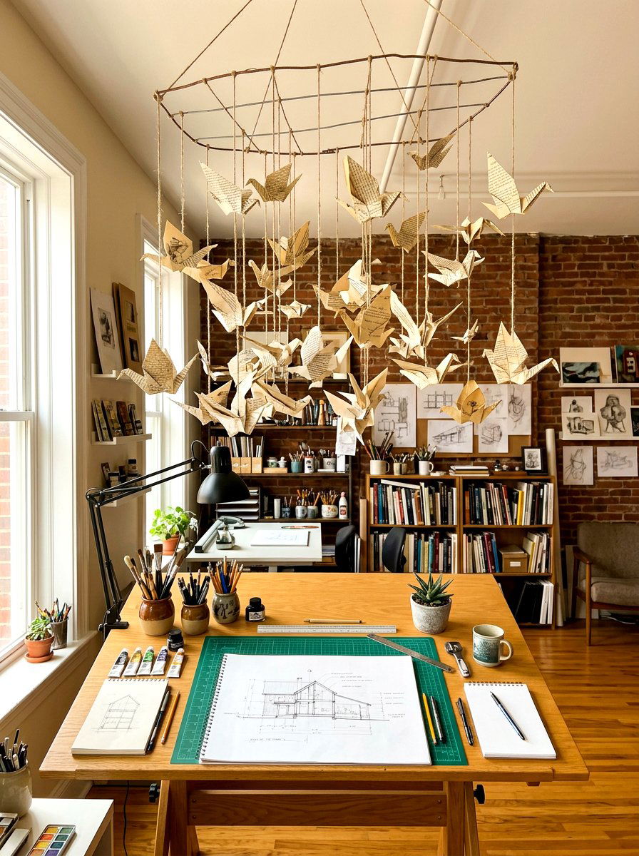 Creative Workspace With Vintage Book Page Hanging Mobile - 30 vintage book decor ideas
