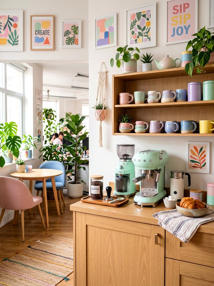 Creative pastel office coffee area - 30 office coffee corner ideas
