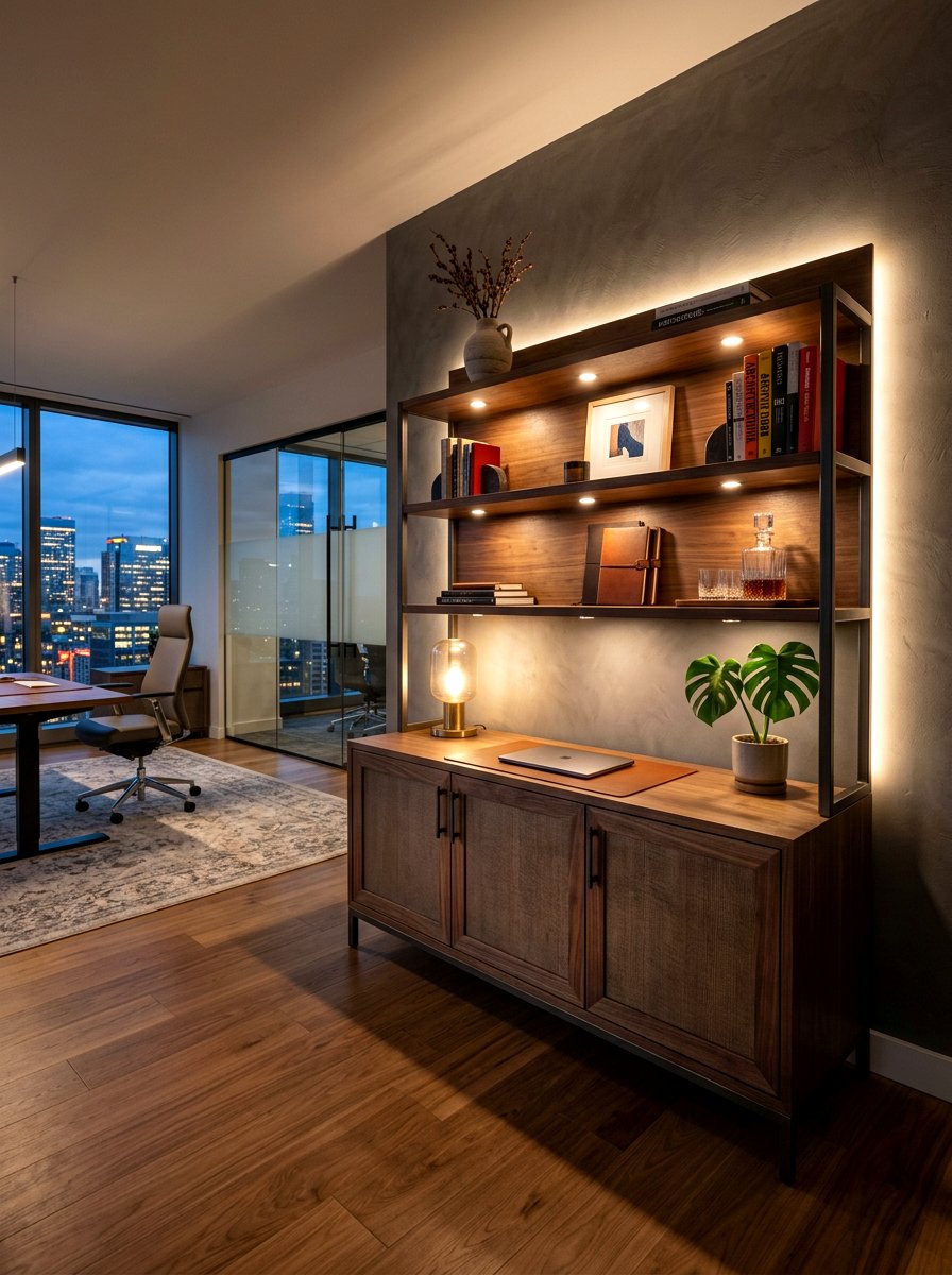 Credenza with ambient lighting - 30 office credenza styling ideas