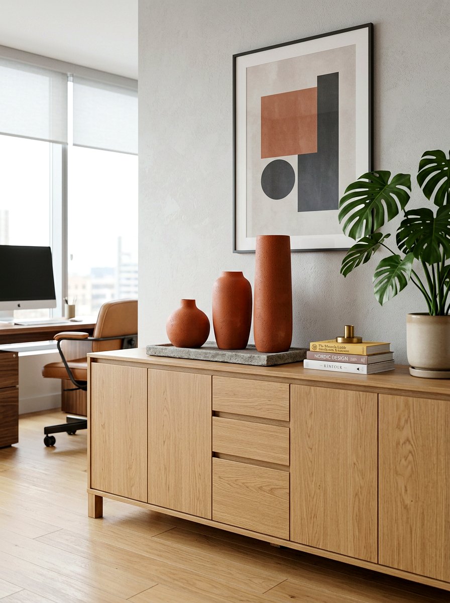 Credenza with ceramic vases - 30 office credenza styling ideas