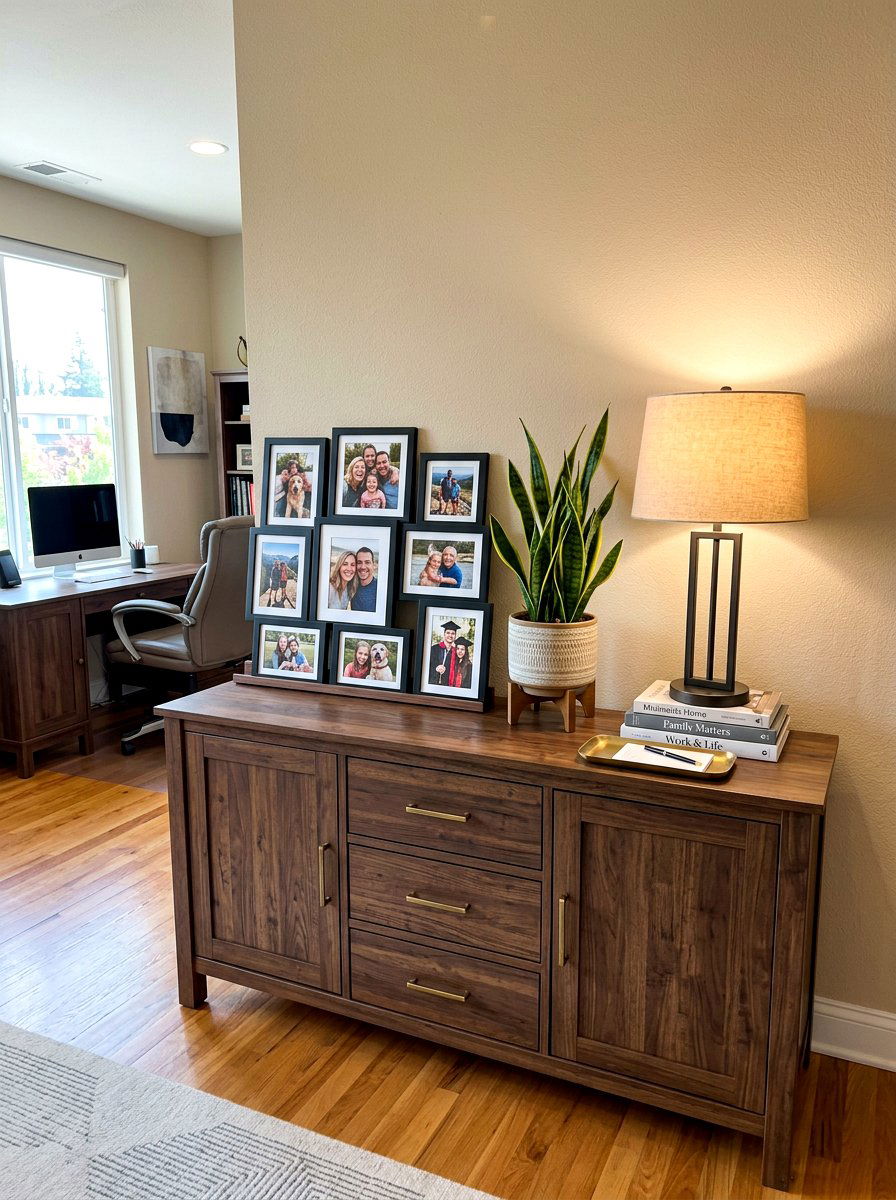 Credenza with framed photos - 30 office credenza styling ideas