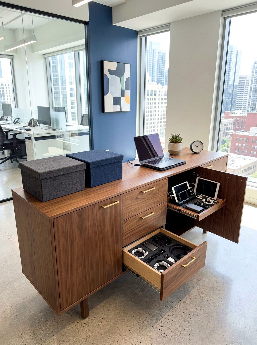 Credenza with hidden tech - 30 office credenza styling ideas